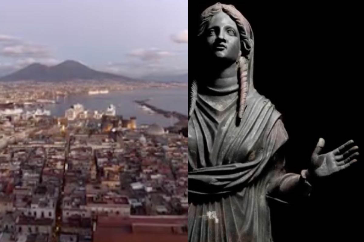 Skyline città del Vesuvio con statua di donna in bronzo su sfondo nero