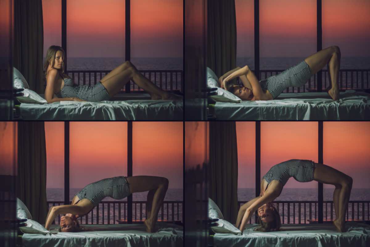 Ragazza pratica lo yoga sul letto al tramonto