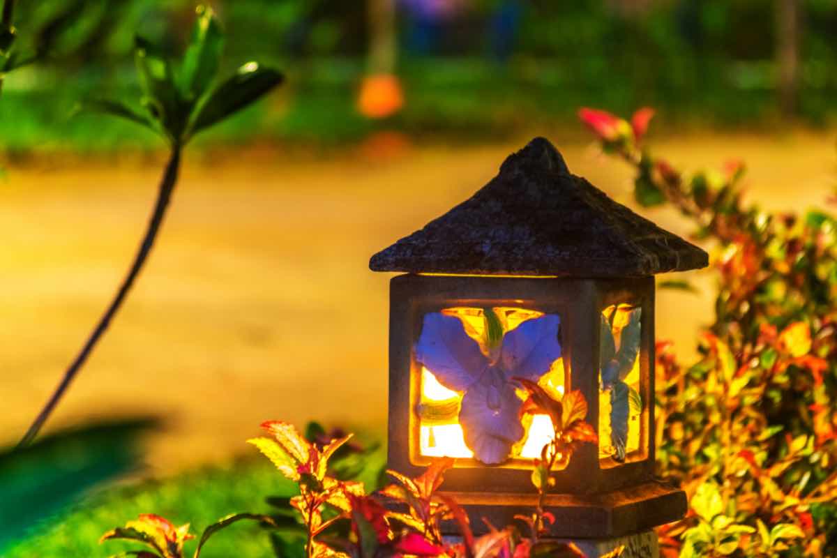Lanterna con luce calda nel giardino di notte